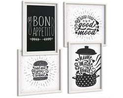 Tulup 4-Delige Schilderij Set - Voedselafbeeldingen en culinaire slogans - 40x40 en 40x60 - Muurdecoratie - Wanddecoratie - Hal - Woonkamer Decoratie