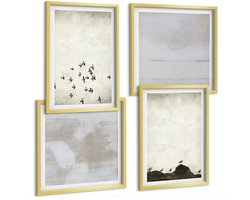 Tulup 4-Delige Schilderij Set - Vogels in vlucht en gekraste texturen in minimalistische stijl - 40 x 40 cm en 40 x 60 cm - Decoratieve Schilderijen - Wanddecoratie - Hal - Woonkamer Decoratie