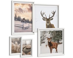 Tulup 4-Delige Schilderij Set - Winterlandschap met herten en een idyllisch huisje in het bos. - 50 x 50 cm, 20 x 30 cm en 40 x 60 cm - Decoratieve Schilderijen - Woonkamer - Interieur - Wanddecoratie
