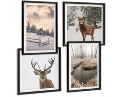 Tulup 4-Delige Schilderij Set - Winterlandschap met hertenhut en beekje - 40 x 40 cm en 40 x 60 cm - Wanddecoratie - Woonkamer Decoratie - Decoratieve Schilderijen