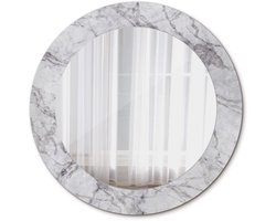 Tulup Spiegel - Ronde vorm Spiegel - op gehard Glas - Wit marmer - Diameter: 60 cm - Spiegel met decoratief motief - Inloopkastspiegel – Badkamerspiegel - Toiletspiegel - Grijze - Wanddecoratie Spiegel - Make-up Spiegel - Spiegelmontageset