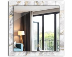 Tulup Spiegel - Vierkante Spiegel - Spiegel op gehard Glas - Grijs marmer met aders - 60 x 60 cm - Spiegel met decoratief motief - Badkamerspiegel - Gangspiegel - Eetkamer - Make-up Spiegel - Luxe Spiegel - Spiegel Met Haken