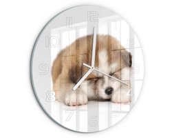 Tulup Wandklok - Akita-puppy Klok Glas Met Opdruk - fi30 cm - Oranje Moderne Wandklok Glas - Witte handen - Ronde Klok - Decoratieve Glazen Klok - Glazen Wandklok Design