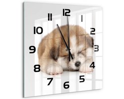 Tulup Wandklok - Akita-puppy Wandklok Glas Met Motief - 60x60 cm - Oranje Decoratieve Glazen Klok - Zwarte handen - Vierkante Klok - Gekleurde Glazen Klok - Glazen Klok Met Print