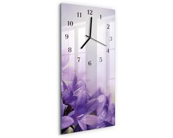 Tulup Wandklok - Bloem Decoratieve Glazen Klok - 30x60 cm - Paars Glazen Wandklok Design - Zwarte Handen - Rechthoekige Wandklok - Decoratieve Glazen Klok - Glazen Wandklok Design