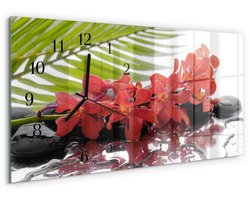 Tulup Wandklok - Bloemen en stenen Wandklok Glas Decoratie - 60x30 cm - Rood Gekleurde Glazen Klok - Zwarte Handen - Rechthoekige Wandklok - Wandklok Glas Decoratie - Gekleurde Glazen Klok