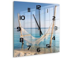 Tulup Wandklok - Hangmat aan zee Glazen Wandklok Design - 60x60 cm - Blauw Klok Glas Met Opdruk - Zwarte handen - Vierkante Klok - Wandklok Glas Met Motief - Decoratieve Glazen Klok
