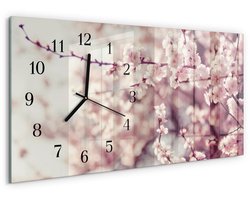Tulup Wandklok - Kersenbloesems Klok Glas Met Opdruk - 60x30 cm - Roze Moderne Wandklok Glas - Zwarte Handen - Rechthoekige Wandklok - Moderne Wandklok Glas - Wandklok Glas Decoratie