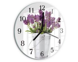 Tulup Wandklok - Lavendel Wandklok Glas Decoratie - 30fi cm - Paars Gekleurde Glazen Klok - Zwarte Handen - Ronde Wandklok - Glazen Klok Met Print - Wandklok Glas Met Motief