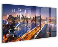 Tulup Wandklok - New York Wandklok Glas Met Motief - 60x30 cm - Paars Decoratieve Glazen Klok - Witte Handen - Rechthoekige Wandklok - Wandklok Glas Decoratie - Gekleurde Glazen Klok