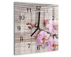 Tulup Wandklok - Orchidee Decoratieve Glazen Klok - 30x30 cm - Paars Glazen Wandklok Design - Zwarte Handen - Vierkante Wandklok - Glazen Wandklok Design - Klok Glas Met Opdruk