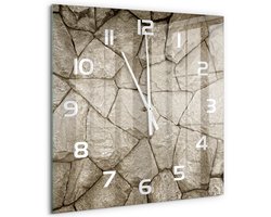 Tulup Wandklok - Stenen muur Glazen Klok Met Print - 60x60 cm - Beige Wandklok Glas Met Motief - Witte handen - Vierkante Klok - Wandklok Glas Decoratie - Gekleurde Glazen Klok