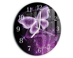 Tulup Wandklok - Vlinder Decoratieve Glazen Klok - 30fi cm - Paars Glazen Wandklok Design - Witte Handen - Ronde Wandklok - Wandklok Glas Met Motief - Decoratieve Glazen Klok