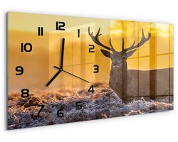 Tulup Wandklok - Zonsopgang boven de herten Wandklok Glas Met Motief - 60x30 cm - Oranje Decoratieve Glazen Klok - Zwarte handen - Rechthoekige Klok - Gekleurde Glazen Klok - Glazen Klok Met Print
