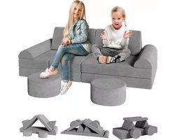 Tumex - Kinderbank - Speelbank - Play couch - 14-Delig Schuim - Zacht Wasbaar Fluweel - Stimuleren Creativiteit - Met Wasbare Hoes - Grijs