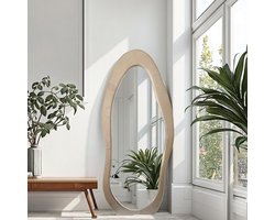 TUNCAFI Grote Shaped Staande Spiegel 180x80 cm – Luxe Spiegel – Velvet Spiegel – Suède Spiegel – Beige Spiegel – Japandi Spiegel – Scandinavische Spiegel – Grote Wandspiegel – Pas Spiegel – Half Ovaal – Moderne Interieurdecoratie