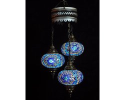 Turkse hanglamp blauw - oosterse hanglamp met 3 mozaïek bollen - hoogte 80 cm - handgemaakt en uniek