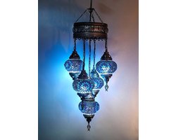 Turkse hanglamp - mozaïek glas blauw - 5 bollen - 110 cm hoog - handgemaakt en uniek