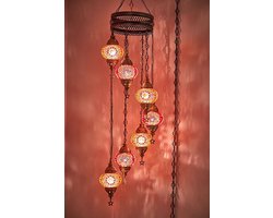 Turkse hanglamp - mozaïek glas oranje-rood - 7 bollen - 145 cm hoog 45 cm breed