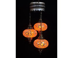 Turkse hanglamp - oosterse hanglamp met 3 oranje mozaïek bollen - handgemaakt - 20cm breed