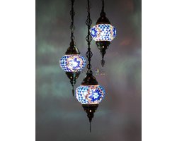 Turkse Lamp - Hanglamp - Mozaïek Lamp - Marokkaanse Lamp - Oosters Lamp - Authentiek - Handgemaakt - Kroonluchter - Blauw - 3 bollen