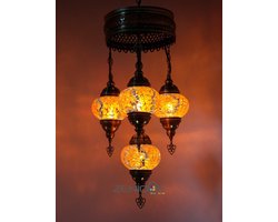 Turkse Lamp - Hanglamp - Mozaïek Lamp - Marokkaanse Lamp - Oosters Lamp - Authentiek - Handgemaakt - Kroonluchter - Oranje - 4 bollen