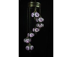 Turkse Lamp - Hanglamp - Mozaïek Lamp - Marokkaanse Lamp - Oosters Lamp - Authentiek - Handgemaakt - Kroonluchter - Paars - 7 bollen