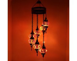 Turkse Lamp -  Hanglamp - Mozaïek Lamp - Marokkaanse Lamp - Oosters Lamp - Authentiek - Handgemaakt- Kroonluchter- Rood - 7 bollen