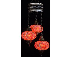 Turkse Lamp - Hanglamp - Mozaïek Lamp - Marokkaanse Lamp - Oosters Lamp -Authentiek - Handgemaakt - Kroonluchter - Rood/ oranje - 3 bollen