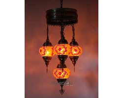 Turkse Lamp - Hanglamp - Mozaïek Lamp - Marokkaanse Lamp - Oosters Lamp - Authentiek - Handgemaakt - Kroonluchter - Rood/ Oranje - 4 bollen