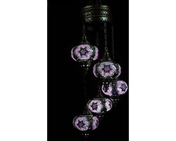 Turkse lamp - Hanglamp - Mozaïek - Marokkaanse lamp - Oosterse Lamp - Handgemaakt - Kroonluchter - Paars - 5 bollen