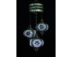 Turkse lamp - hanglamp paars - 3 bollen - mozaïek glas - handgemaakt 80 cm