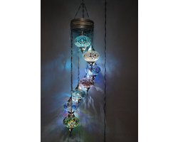 Turkse lamp - mozaïek hanglamp - 7 bollen - authentiek handgemaakt - multicolor 155 cm hoogte