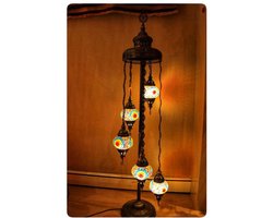 Turkse lamp - vloerlamp met 5 glazen bollen - 125 cm - turquoise en multicolor decoratie