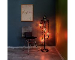 Turkse staande lamp - 5 handgemaakte mozaïek glazen - Oosterse vloerlamp - multicolor