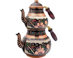 Turkse theepot van koper, met houten handgreep voor op het fornuis, decoratief theezeefje, vintage-stijl, antiek bloemenpatroon, huisdecoratie,
