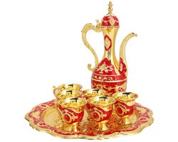 Turkse theeset - metalen theepot set - 6 koffiekopjes - rood