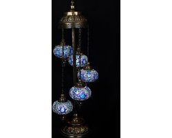 Turkse vloerlamp - handgemaakte oosterse lamp - 5 bollen - blauw mozaïek - 120 cm hoog