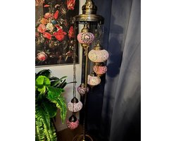 Turkse vloerlamp - mondgeblazen glas - 7 bollen - paars fushia en zacht roze - sfeervolle verlichting