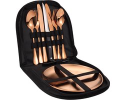 TuseRxln Camping Bestekset - Camping Servies - Roestvrij Staal Picknick Servies - 6 Stuks - Voor Kamperen En Picknicken Roségoud