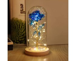TuseRxln Gouden roos in glazen stolp met LED - Cadeau voor vrouw - Romantische verlichting - 1 stuk - Valentijn/Feestdagen - Blauw
