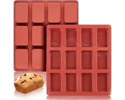 TuseRxln Siliconen Bakvorm - Chocoladereep - 12 Holtes Voor Mini Taartjes En Broodjes - 2 Stuks - Oven En Magnetron Gebruik Rood