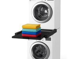 Tussenstuk voor Wasmachine & Droger - Extra stevig - Stapelkit - Met uitschuifbare plank - Universeel - Droogkast - Meubel - incl. trildempers en spanband - Skoov