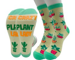 Tutti Footi - Crazy Plant Lady Sokken - Dames maat 37-41 - Groene Sokken met Planten en Grappige tekst op zool (anti-slip) - Kamerplanten/Cactus