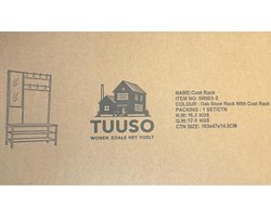 TUUSO Industrieel Kapstok met Bankje, Spiegel & Schoenenrek – 10 Haken – Hallstand – Eiken Houten Look & Zwart Metaal – 98/185cm– Halmeubel