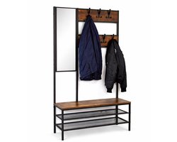 TUUSO Industrieel Kapstok met Spiegel & Schoenenrek – 7/3 Haken – Hallstand – Houten Look & Zwart Metaal – 98/185cm– Halmeubel