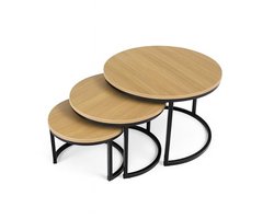 TUUSO® Luxe Ronde Salontafel Set – Eikenhoutlook met Zwart Frame – 3-delig & Inschuifbaar – Industrieel & Modern Design