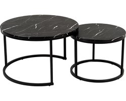 TUUSO® Luxe Salontafel Set – Zwart Marmerlook met Zwart Frame – Industrieel & Modern – 2-delig – Inschuifbaar – Ronde Tafels Ø70 + Ø50 – Bijzettafel