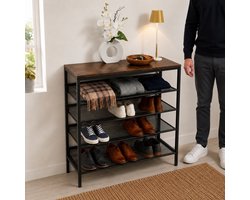 TUUSO® - Schoenenrek - 5 Lagen - Zwart Metaal met Bruin Bovenblad - 75x30x85 cm