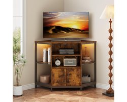 TV-hoekmeubel met LED-verlichting 105 × 50 × 79 cm – Hoek TV-kast / hoek TV-meubel met opbergruimte, 6 open vakken, kastdeuren en kabelmanagement – Industrieel vintage bruin – Depauw